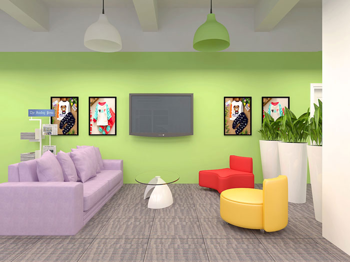 兒童童裝公司辦公室接待區(qū)域裝修設(shè)計(jì)案例效果圖