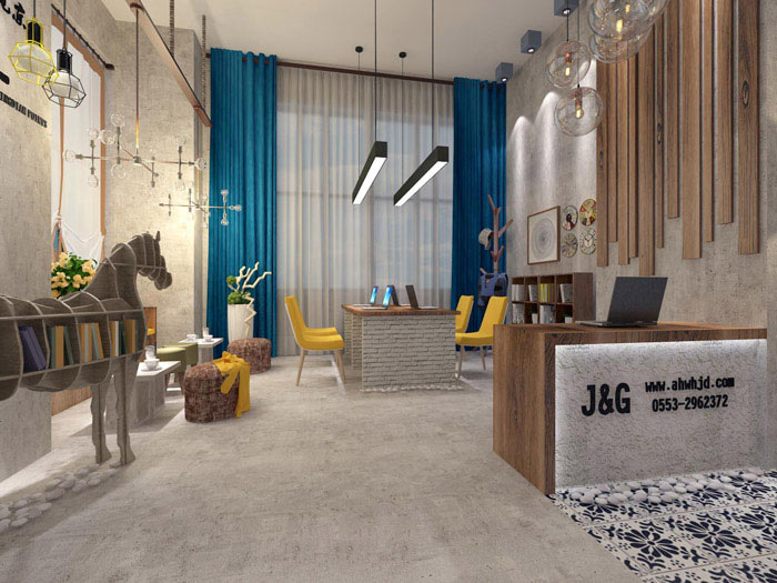 設(shè)計事務(wù)所辦公室前臺區(qū)域軟裝設(shè)計方案效果圖