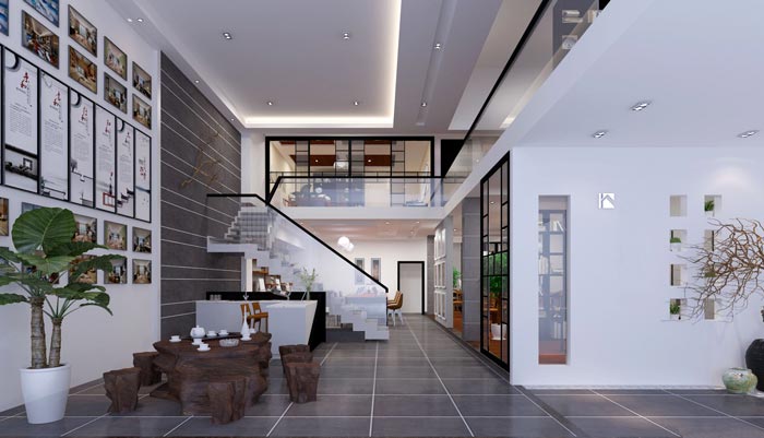 新中式loft風(fēng)格辦公室進(jìn)門(mén)區(qū)域裝修設(shè)計(jì)案例效果圖