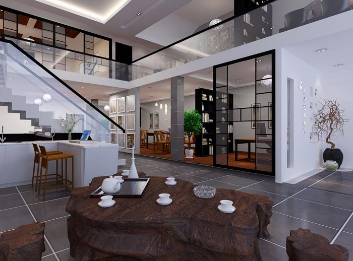 新中式loft風(fēng)格辦公室接待區(qū)域裝修設(shè)計(jì)案例效果圖