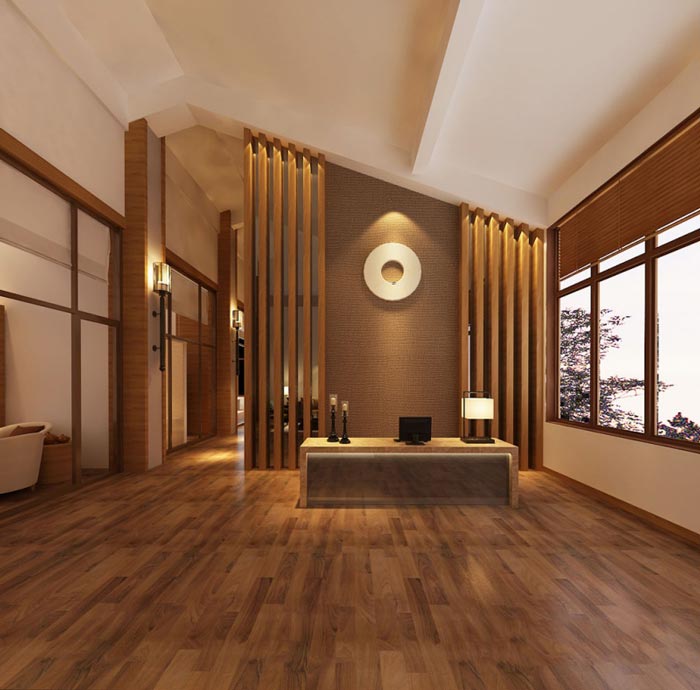 中式簡約風格辦公室前臺裝修設(shè)計案例效果圖