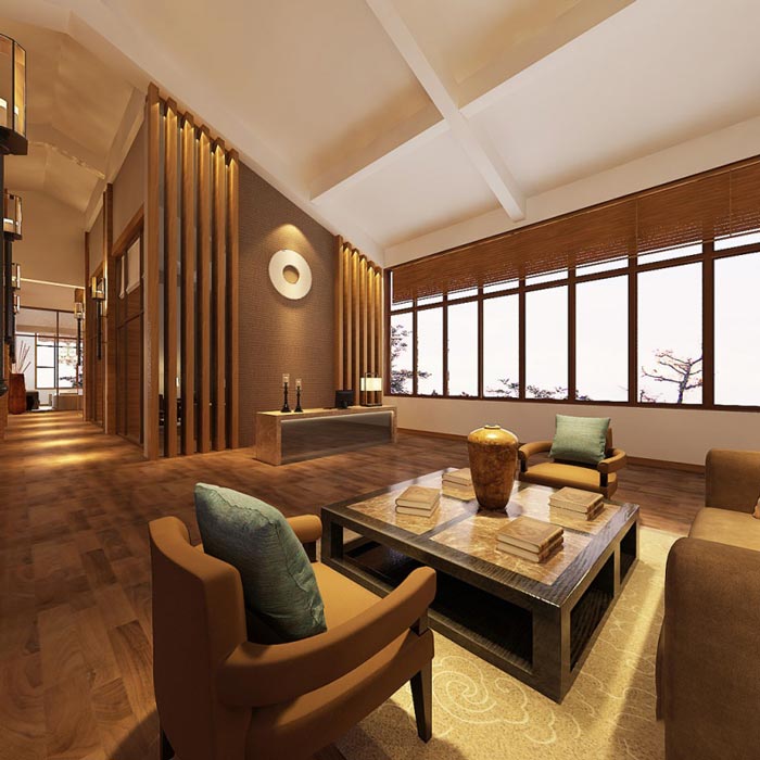 中式簡約風格辦公室前臺接待裝修設(shè)計案例效果圖