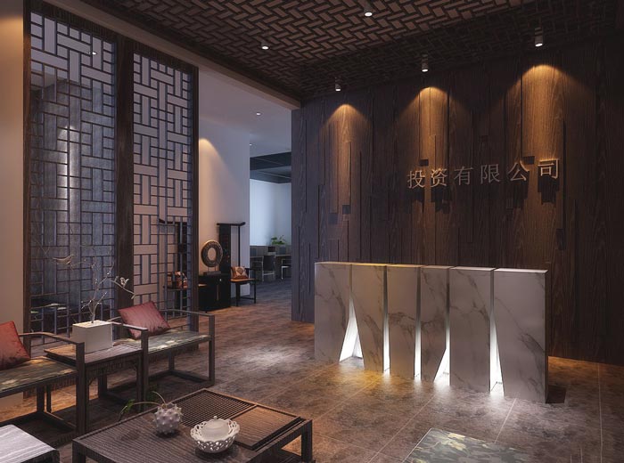 中式風(fēng)格投資公司辦公室前臺裝修設(shè)計案例效果圖