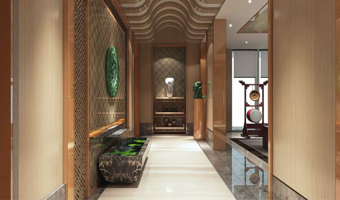 中式后現(xiàn)代風(fēng)格辦公室進(jìn)門區(qū)域裝修設(shè)計案例效果圖