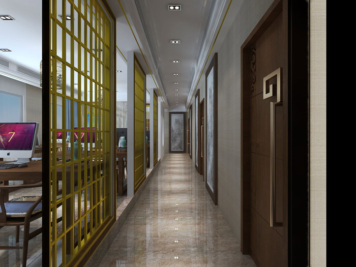 新中式風(fēng)格辦公室過道設(shè)計(jì)方案效果圖