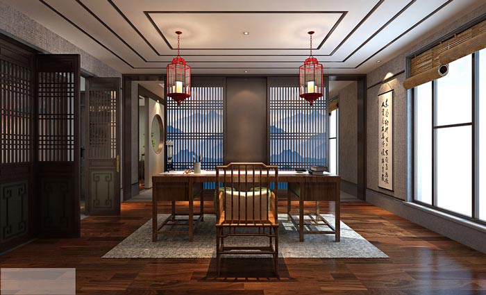 新中式經(jīng)理辦公室裝修設(shè)計(jì)案例效果圖