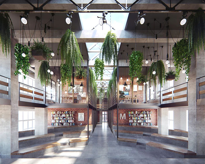 loft風(fēng)格眾創(chuàng)空間辦公室過道裝修設(shè)計效果圖