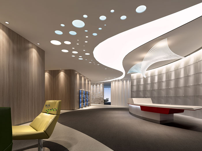 杭州過(guò)濾器材公司辦公室前臺(tái)過(guò)道裝修效果圖